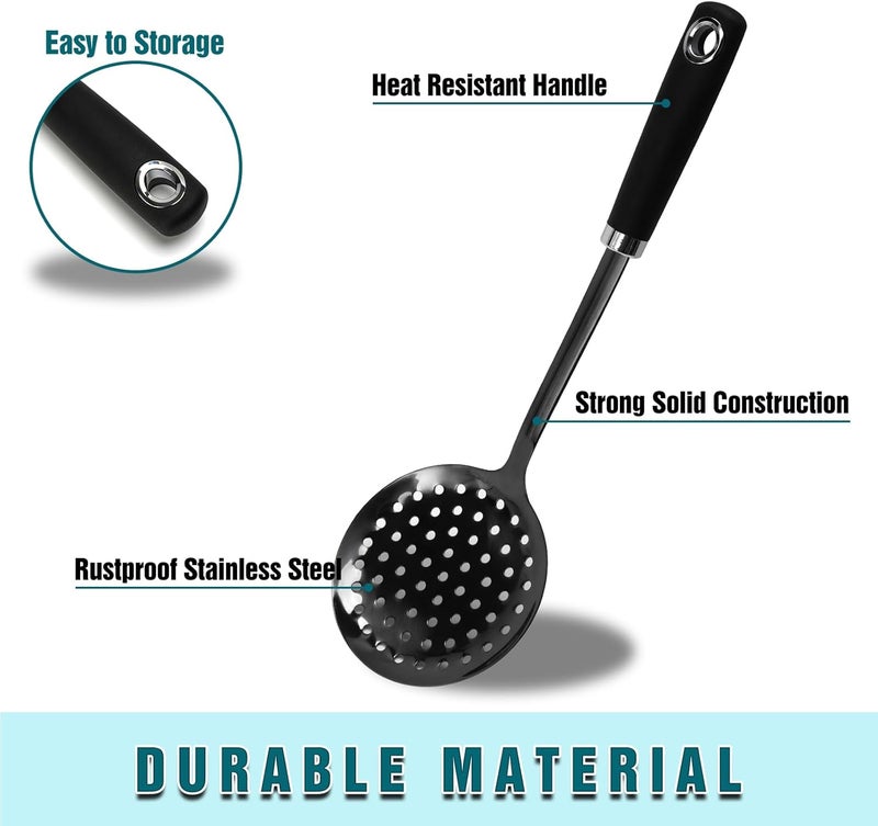 JXWING Skimmer Spoon, Slotted Spoons for Cooking, Slotted Spoon, Kitchen Stainless Steel Serving Spoons, Stainless Steel Strainer, Black - Image 2